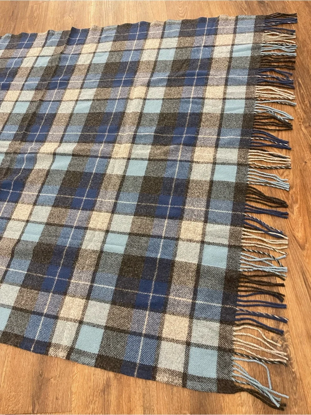 Pendleton Blue Plaid 100% Wool Vintage Fringe Throw Blanket 77X52 Made in USA